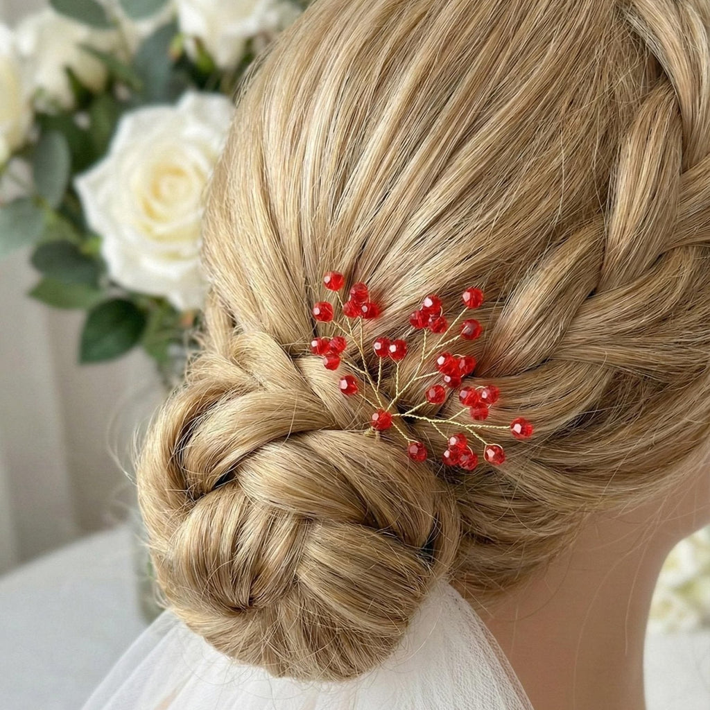 Rote Perlen - Haarnadeln – Braut Haarnadeln – Hochzeit Haarschmuck – In Rot - oder Golddraht erhältlich - AVYRAA BRIDAL